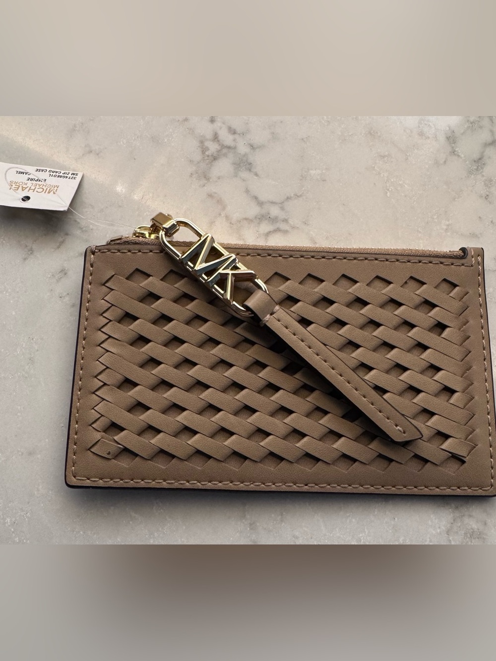 MK Signature Woven Leather Wallet-Camel